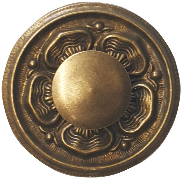 Beschläge historisch, Knopfgriff, Messing patiniert, Rosette mit Knopf und Schraube Bild 2