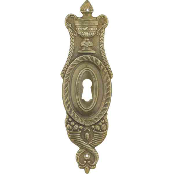 Schlüsselschild Historie, Messing patiniert, Biedermeier Beschläge