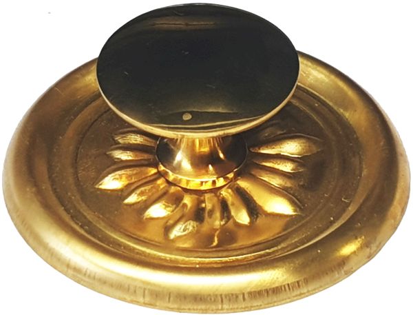 Beschläge historische, Knopfgriffe, in Messing roh, Rosette mit Knopf und Schraube
