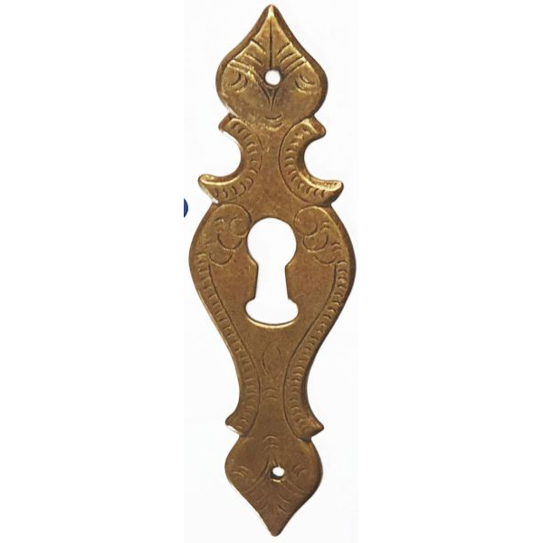 Schlüsselschild, gestanztes Messing patiniert, altes antikes Schild mit breitem Schlüsselloch
