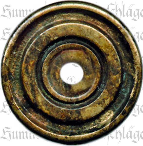 Antike, alte Rosette, Messing patiniert, rund, klein für Knopf oder Ring