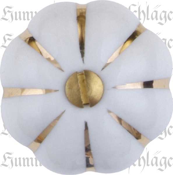 Porzellanknöpfe weiß für Schrank oder Schubladen, antike Möbel, Ø 37 mm, Goldstreifen, mit Messingrosette