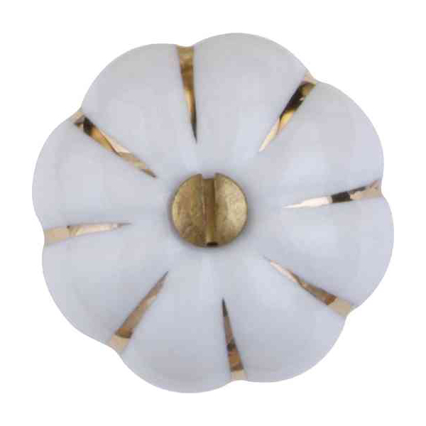 Porzellanknöpfe weiß für Schrank oder Schubladen und Möbel, Ø 42 mm, Goldstreifen, mit Messingrosette