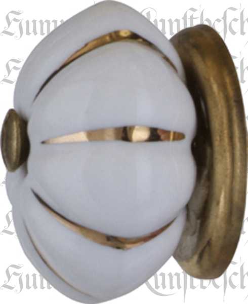 Porzellanknopf weiß für Schrank oder Schubladen, alte Möbel, Ø 31 mm, Goldstreifen, mit Messingrosette Bild 2