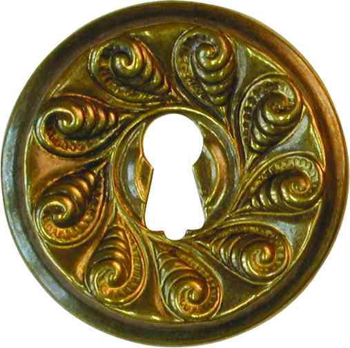 Altes antikes Schlüsselschild, aus Messingblech gestanzt und patiniert