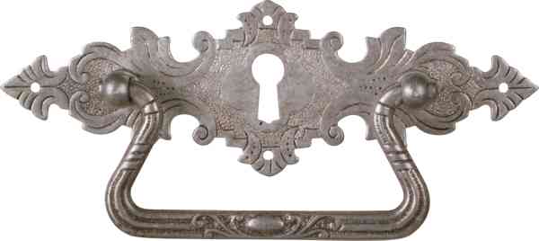 Möbel Griff antik aus der Gründerzeit, Griffbeschlag mit Schlüsselloch, altverzinnt