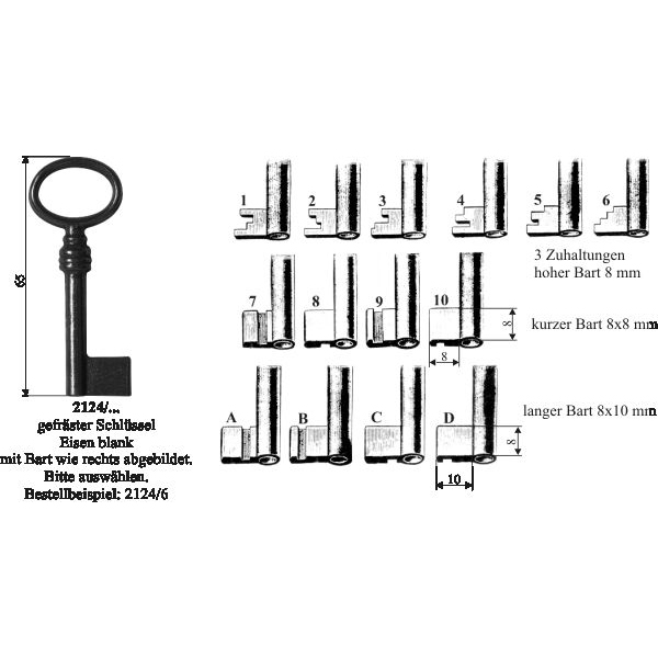 Schlüssel gefräst, Eisen blank für Zuhaltung 6, alte Schlüssel, antike  Möbelschlüssel 2124/6