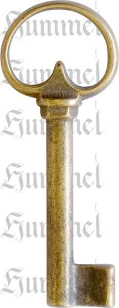 Schrankschloss mit Stulpe, Messing patiniert, mit Schlüssel, Dorn 30mm, links Bild 2