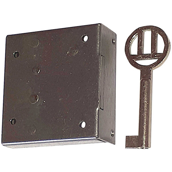 Mini-Kastenschloss, Eisen blank, mit vernickeltem Schlüssel, Dorn 28mm rechts Bild 2