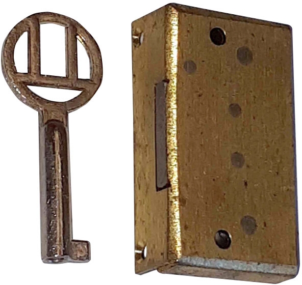 Mini-Kastenschloss, Messing geschliffen, mit vernickeltem Schlüssel, Dorn 10mm links Bild 2