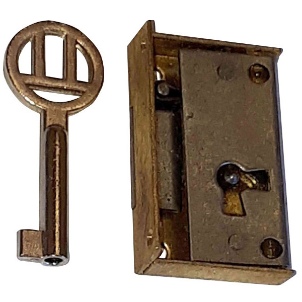 Mini-Kastenschloss, Messing geschliffen, mit vernickeltem Schlüssel, Dorn 14mm rechts, Briefkastenschloss