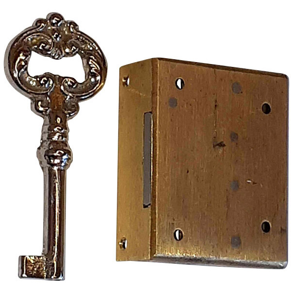 Mini-Kastenschloss, Messing roh, mit Schlüssel, Dorn 21mm links Bild 2