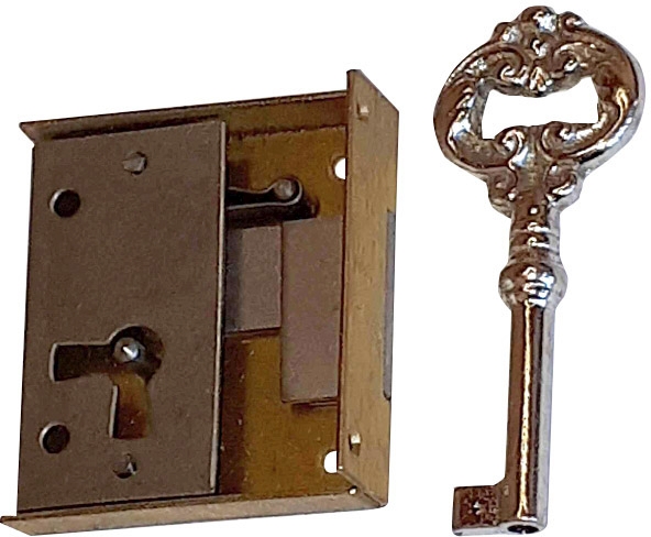 Mini-Kastenschloss, Messing roh, mit Schlüssel, Dorn 28mm links