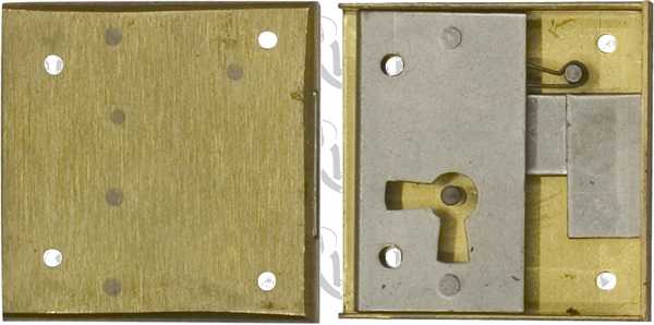 Mini-Kastenschloss, Messing roh, mit Schlüssel, Dorn 12mm links