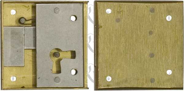 Mini-Kastenschloss, Messing roh, mit Schlüssel, Dorn 12mm rechts