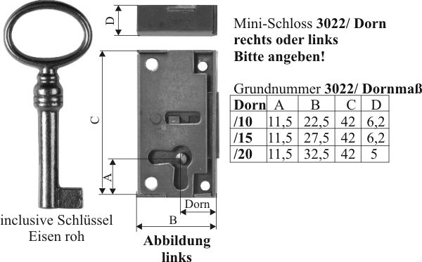 Mini-Schloss, Eisen blank, mit Schlüssel, Dorn 10mm links. Ideal für Vitrinen und kleine Türen Bild 3