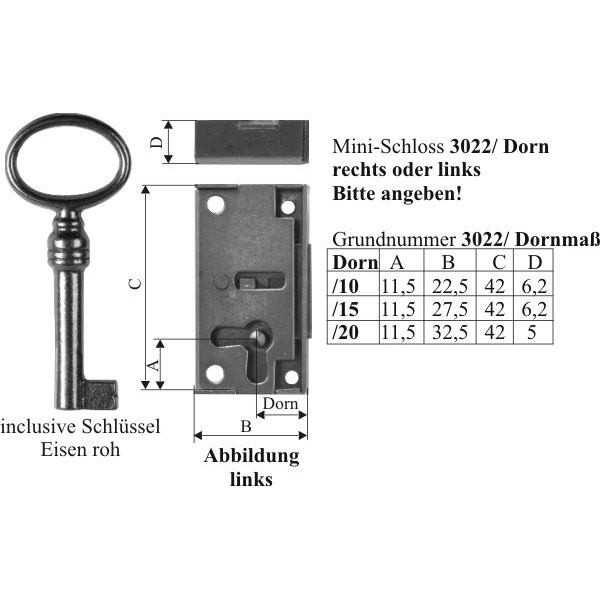 Mini-Schloss alt, Eisen blank, mit Schlüssel, Dorn 15mm links. Ideal für Vitrinen und kleine Türen Bild 3