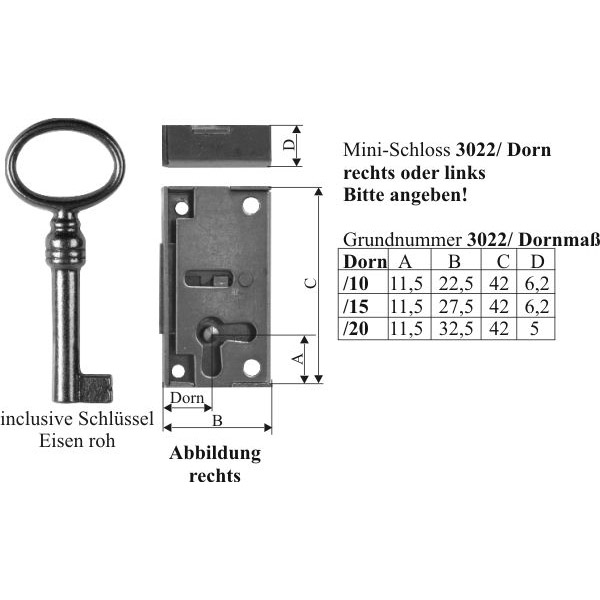 Mini-Schloss für kleine Glastüren, Eisen blank, mit Schlüssel, Dorn 20mm rechts. Ideal für Vitrinen und kleine Türen Bild 3