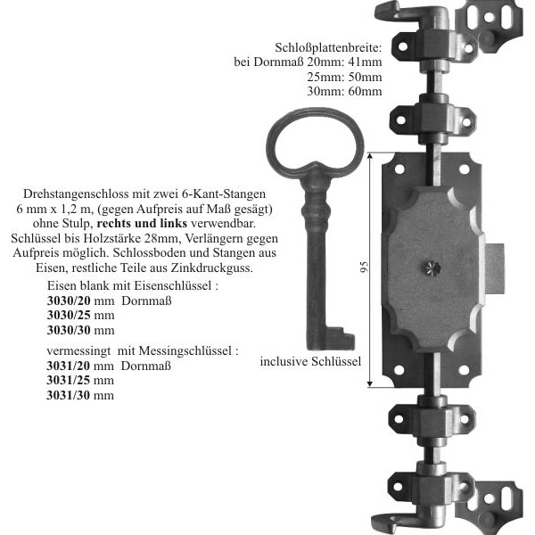 Drehstangenschloss antik für Kleiderschrank, gelb verzinkt, mit Stangen, Schlüssel und Zubehör komplett, Schlosskasten hellvermessingt, Dorn 20mm Bild 3