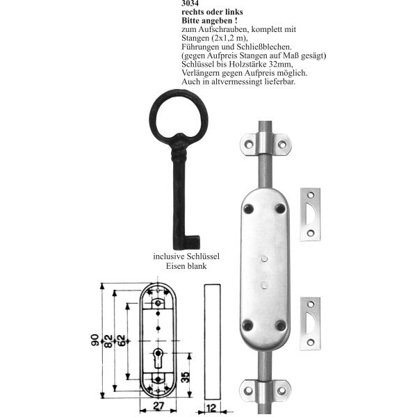Schubstangenschloss Eisen blank, links, mit Schlüssel, Stangen und Zubehör Bild 3