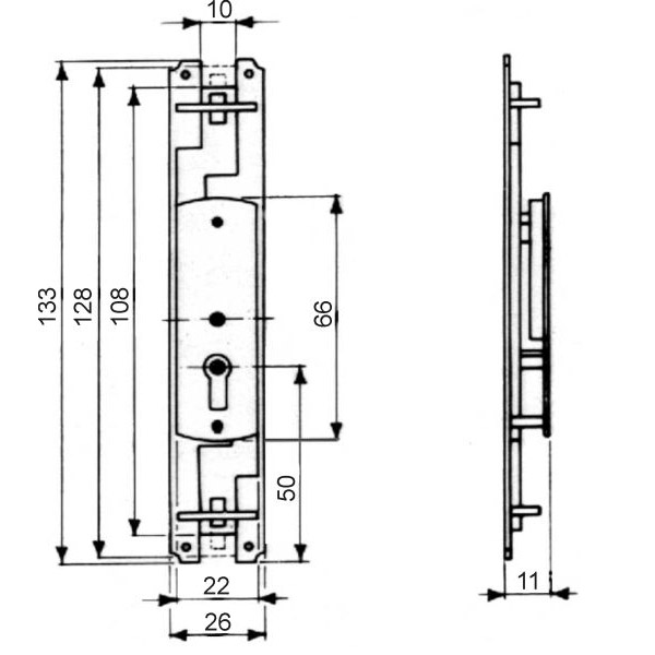 Schubstangenschloss zum Einlassen, Eisen blank, links, mit Schlüssel, 2 Stangen a 1,2 Meter und Zubehör Bild 3