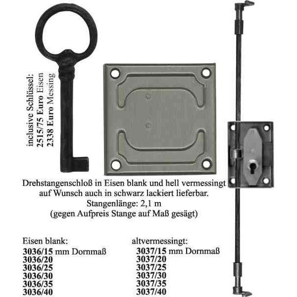 Drehstangenschloss Messing patiniert, mit Stangen, Zubehör und Schlüssel komplett, Dorn 20mm links