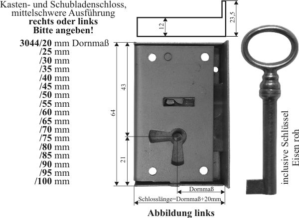 Kastenschloss, Eisen blank, mit antikem Schlüssel, Dorn 40mm links Bild 3