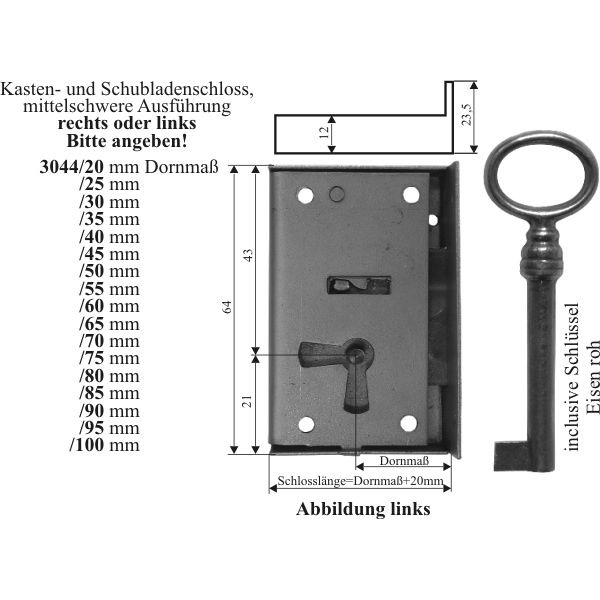 Kastenschloss für Schubladen, Eisen blank, mit Schlüssel, Dorn 65mm links Bild 3