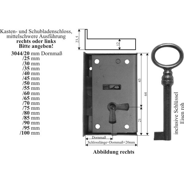 Kastenschloss, Schlösser antike, Eisen blank, mit Schlüssel, Dorn 20mm rechts Bild 3