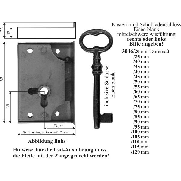 Kastenschloss antik für kleine Türen, Eisen, mit Schlüssel, Dorn 20mm links Bild 3