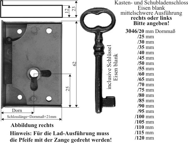 Kastenschloß Eisen Dorn 75 mm Möbelschloss Schlüssel & Schlösser Antiquitäten 