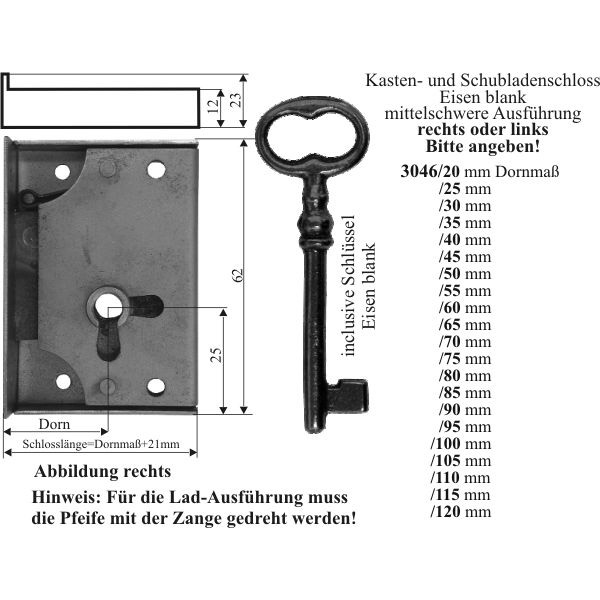 Kastenschloss nostalgisches für Schubladen, Eisen, mit Schlüssel, Dorn 110mm rechts Bild 3