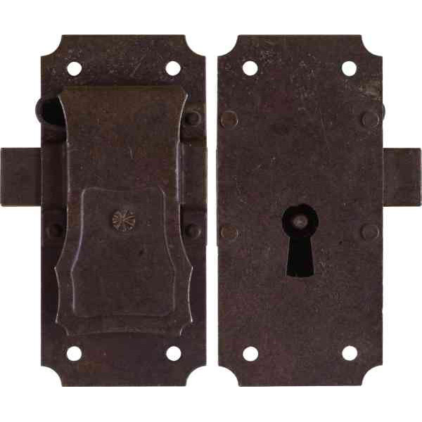 Vitrinenschloss aus Eisen gerostet und gewachst, mit Schlüssel, Dorn 25mm, rechts und links verwendbar