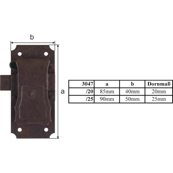 Vitrinenschloss aus Eisen gerostet und gewachst, mit Schlüssel, Dorn 25mm, rechts und links verwendbar Bild 3
