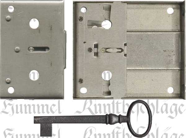 Kasten- und Schubladenschloss, mit Schlüssel aus Eisen blank, Dorn 35mm