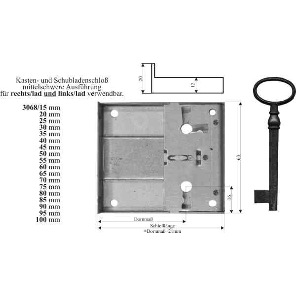 Kasten- und Schubladenschloss antik, mit altem Schlüssel, Eisen blank, Dornmaß 75mm Bild 3