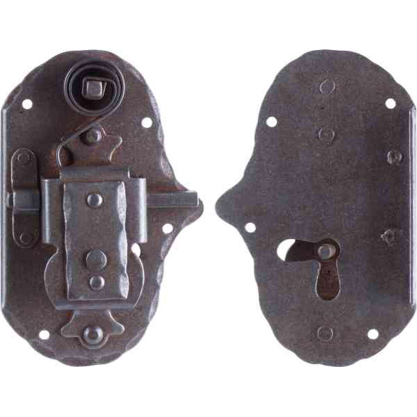 Schrankschloss, Eisen schwarz patiniert mit Schlüssel, Dorn 45mm links