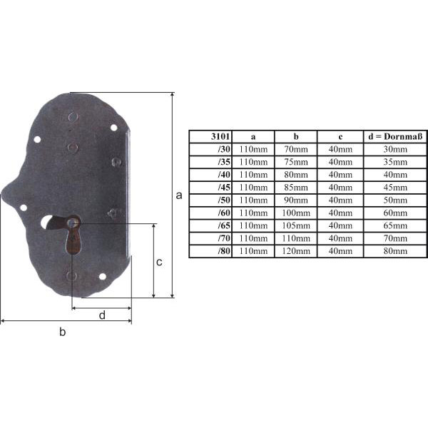 Schrankschloss, Eisen schwarz patiniert mit Schlüssel, Dorn 45mm links Bild 3