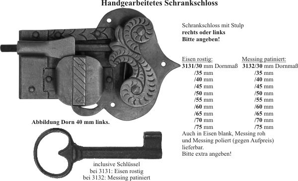 Schrankschloss mit Stulpe, Messing patiniert, mit Schlüssel, Dorn 50mm, links Bild 3