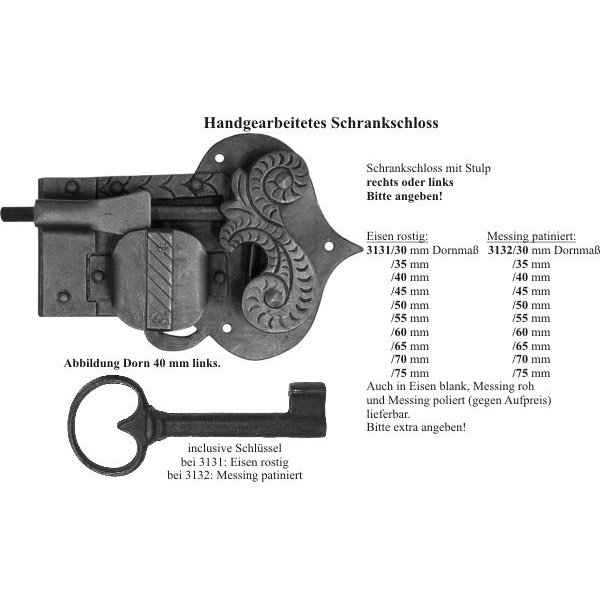 Schrankschloss mit Stulpe, Eisen gerostet und gewachst, mit Schlüssel, Dornmaß 55mm links Bild 3