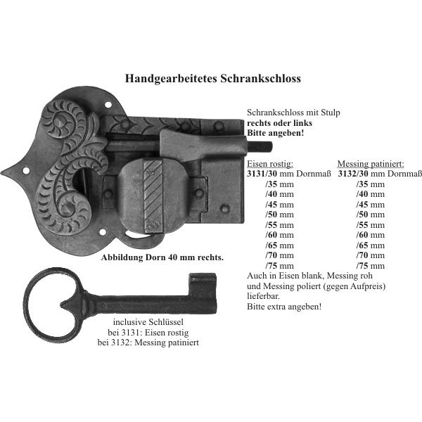 Schrankschloss mit Stulpe, Eisen gerostet und gewachst, mit Schlüssel, Dorn 70mm rechts Bild 3
