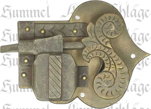 Schrankschloss mit Stulpe, Messing patiniert, mit Schlüssel, Dornmaß 30mm, links
