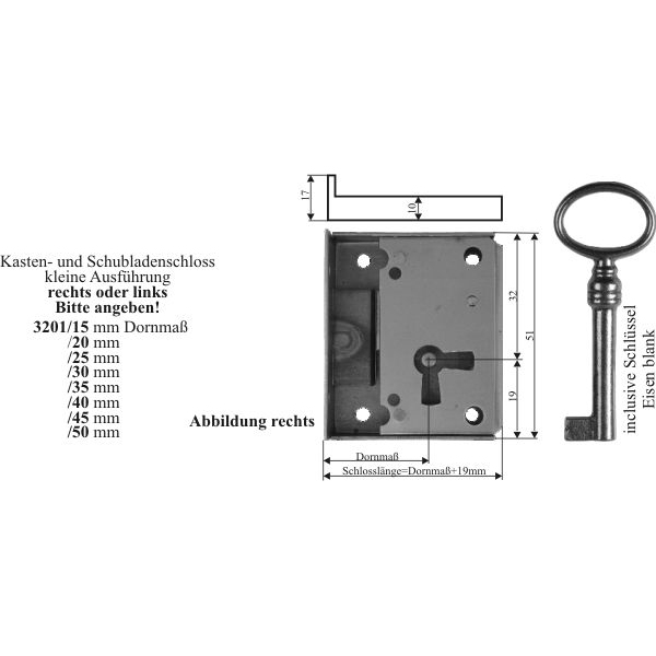 Kasten- und Schubladenschloss historisch, alt, Eisen blank, mit Schlüssel, Dorn 50mm links Bild 3