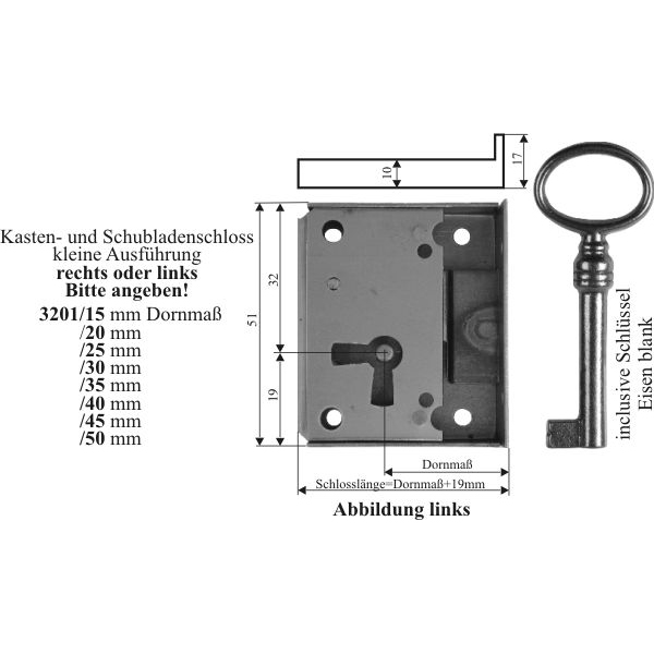 Kasten- und Schubladenschloss klein in Eisen blank, mit Schlüssel, Dorn 20mm links Bild 3