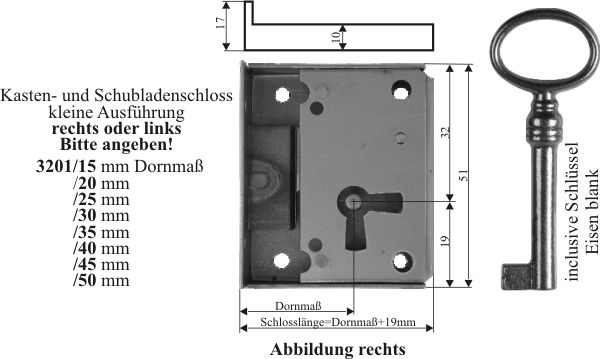 Kasten- und Schubladenschloss, aus Eisen blank, mit Schlüssel, Dorn 20mm rechts Bild 3