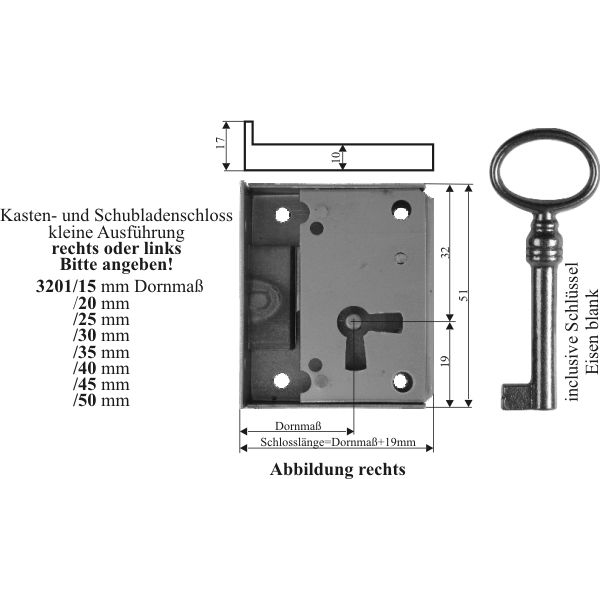 Kasten- und Schubladenschloss, aus Eisen blank, mit Schlüssel, Dorn 20mm rechts Bild 3