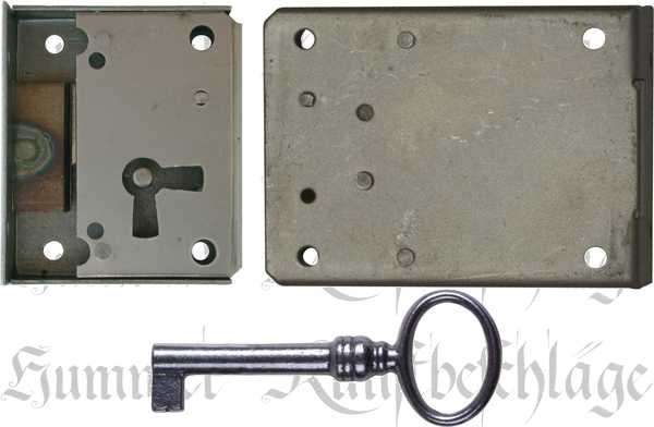 Kasten- und Schubladenschloss, Eisen blank, mit antikem Schlüssel, Dorn 25mm rechts