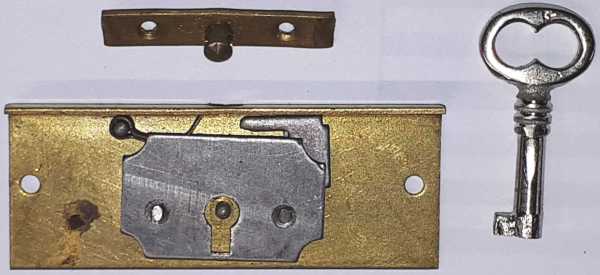 Einlassschatullenschloß antik, Messing roh, mit Schlüssel, Dorn 15mm. Für kleine Truhen oder Schmuckkästchen Bild 2