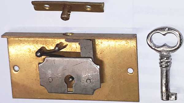 Einlassschatullenschloß alt, aus Messing roh, mit Schlüssel, Dorn 28mm. Für kleine Truhen oder Schmuckkästchen Bild 2