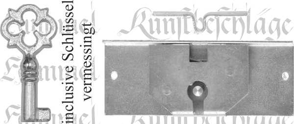 Einlassschatullenschloß, in hellvermessingt, mit antikem Schlüssel, Dorn 14mm. Für kleine Truhen oder Schmuckkästchen